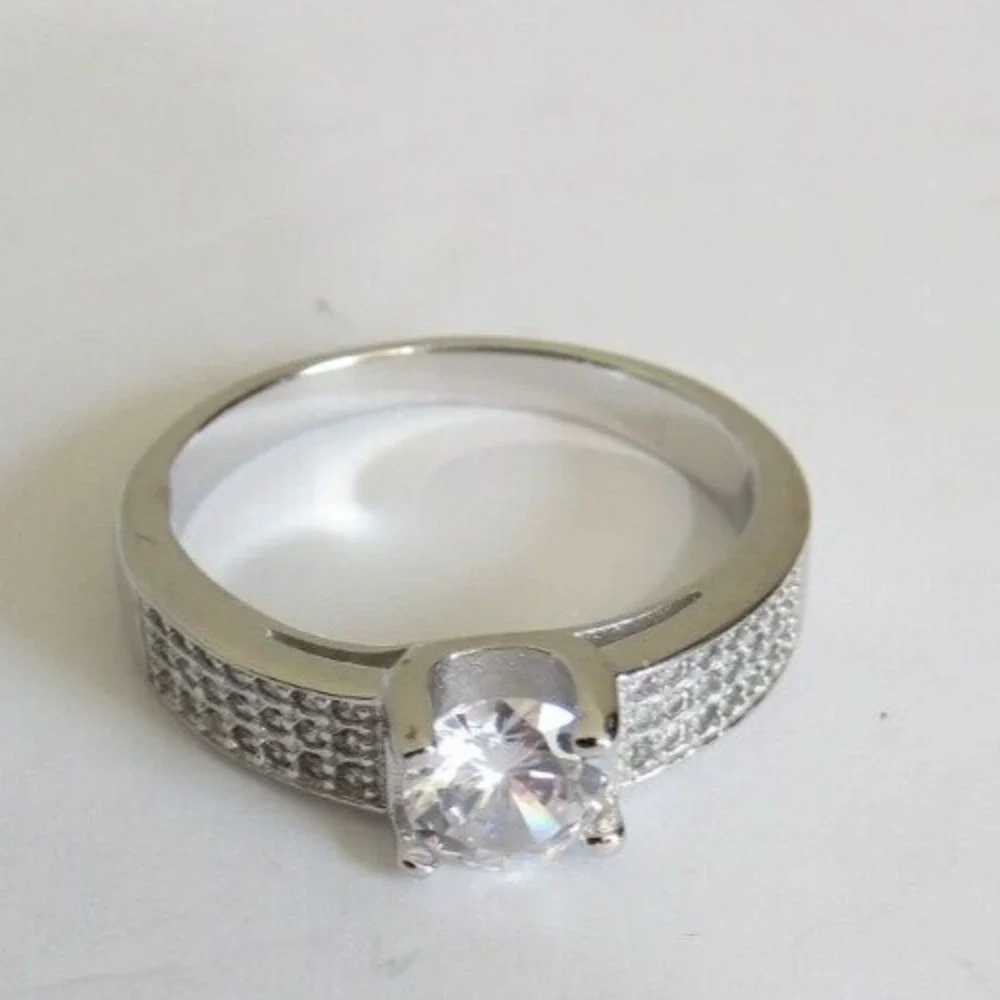 Sterling Silver Crystal Solitaire Ring with Pavé Band
